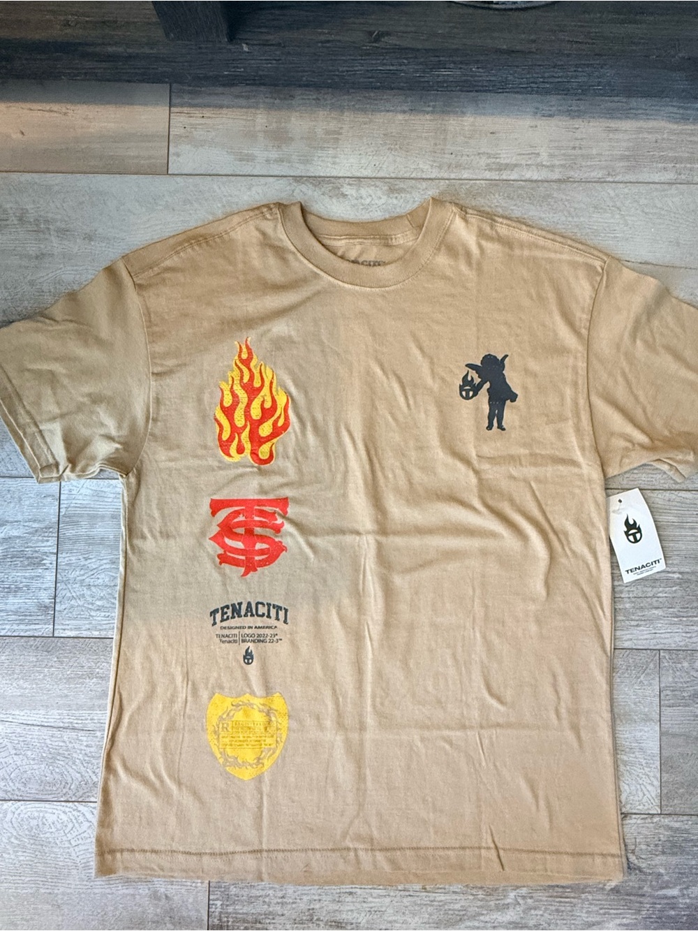 Tenaciti Studios Graphic T-Shirt Men’s Large Tan Flame Cherub Streetwear NWT